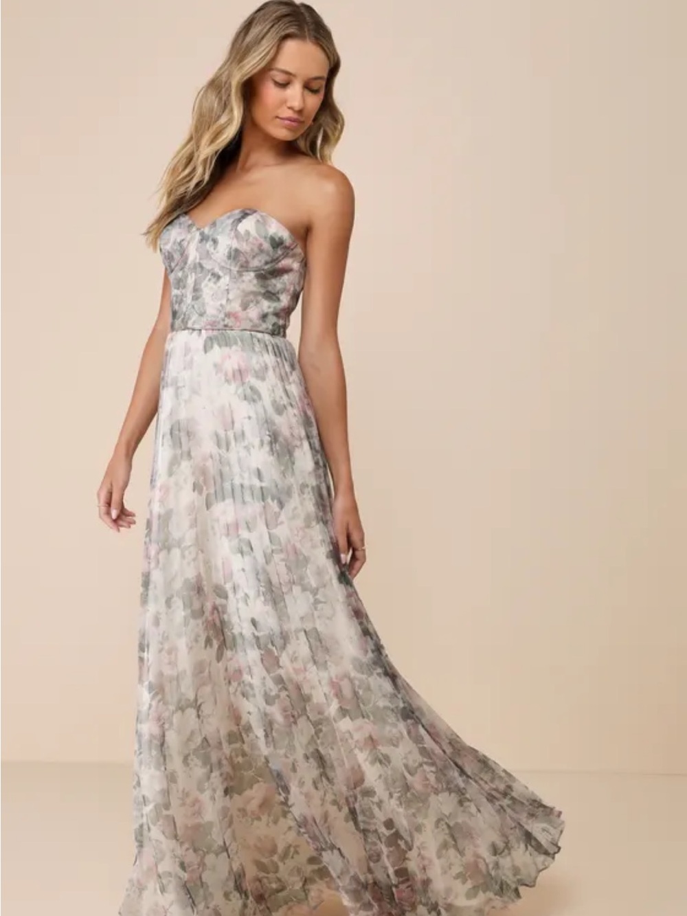 Lulu's Strapless Floral Pleated Maxi Dress in Pink and Green - Picture 4 of 8